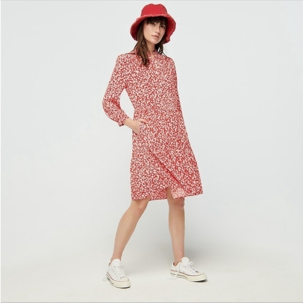 J. Crew Button Front Tiered Shirtdress Tossed Bouquet Floral Print Red Size L